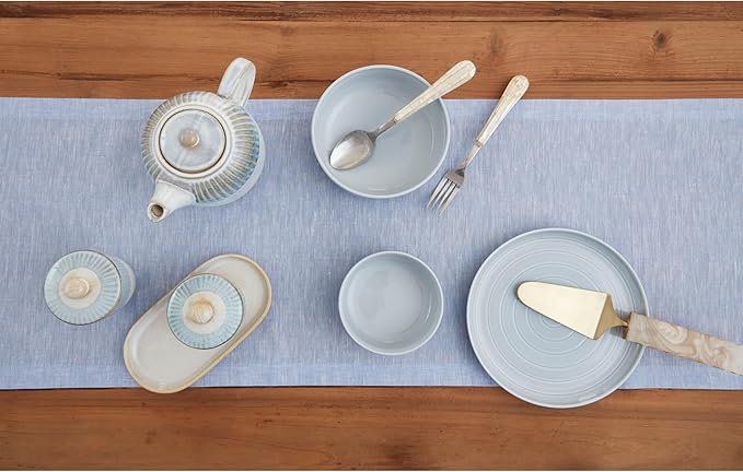 Solino Home Linen Chambray Blue Table Runner 132 Inches Long - Athena, 100% Pure Linen Dining Table Runner 14 x 132 Inch for Christmas