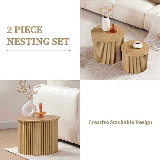 AVZEAR Round Nesting Coffee Table Set of 2, Small Fluted Coffee Table Circle Side Table, Boho Modern Wood Nesting Tables Farmhouse End Table Set for Living Room, Bedroom, Small Spaces(Natural)