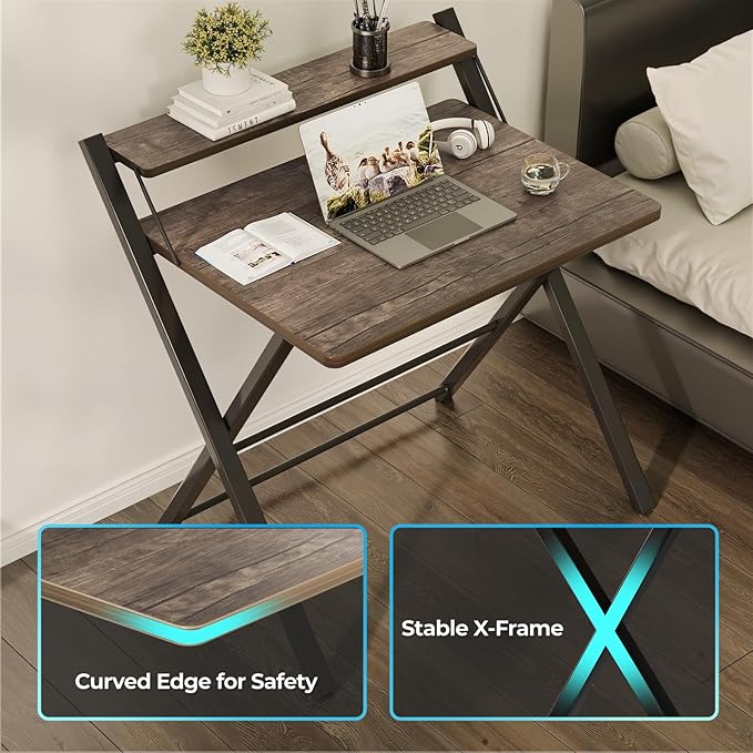 GreenForest No Assembly Folding Desk, 2-Tier Compact Computer Desk with Shelf, 30 inch Space Saving Foldable Table for Home Office, Dorm or Apartment, Portable Collapsible Sturdy Laptop Desk, Brown