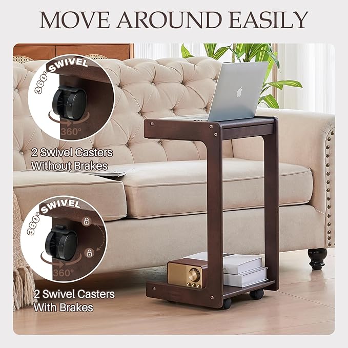 Wood Side Table for Couch - C Shaped Rolling End Table with Wheels, Wooden Modern Small Tv Tray Bedside Tables with Drawer for Sofa Armchair Living Room Bedroom, Walnut, 13 in x 14.4 in x 26 in