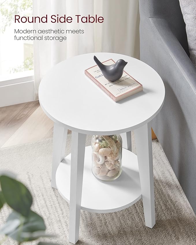 VASAGLE MAEZO Collection - Side Table, 2-Tier Small Round End Table, Nightstand with Tapered Legs, Curved Transitions, for Small Spaces, Living Room, Bedroom, Cloud White ULET283T14