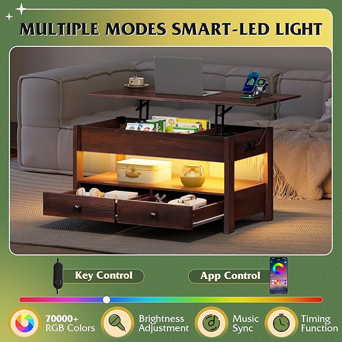 WLIVE Coffee Table, Lift Top Coffee Table with 2 Drawers, LED Light, Large Hidden Compartment and Open Shelf, Lift Tabletop, Dining Table for Living Room, Espresso