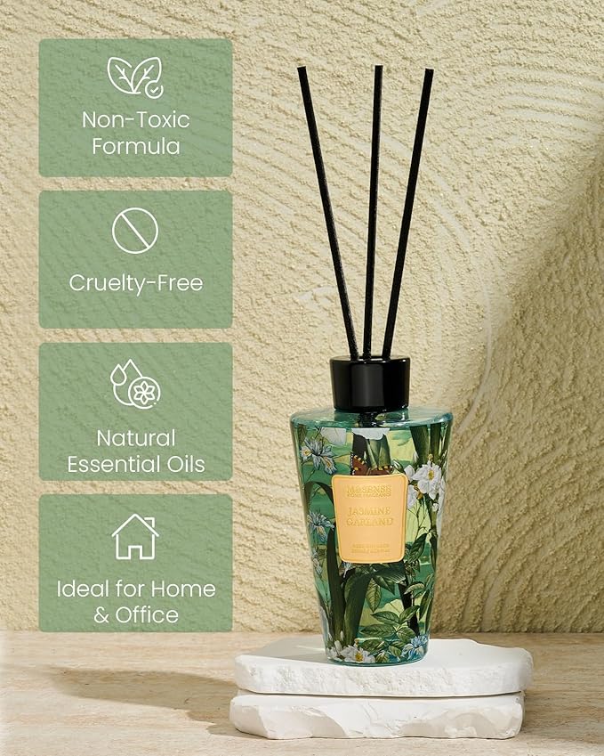 M&SENSE Jasmine Reed Diffuser with Sticks - 8.79fl oz Home Fragrance Non-Toxic Essential Oil Diffuser with Sticks, Air Freshner Gifts for Bedroom Bathroom Office