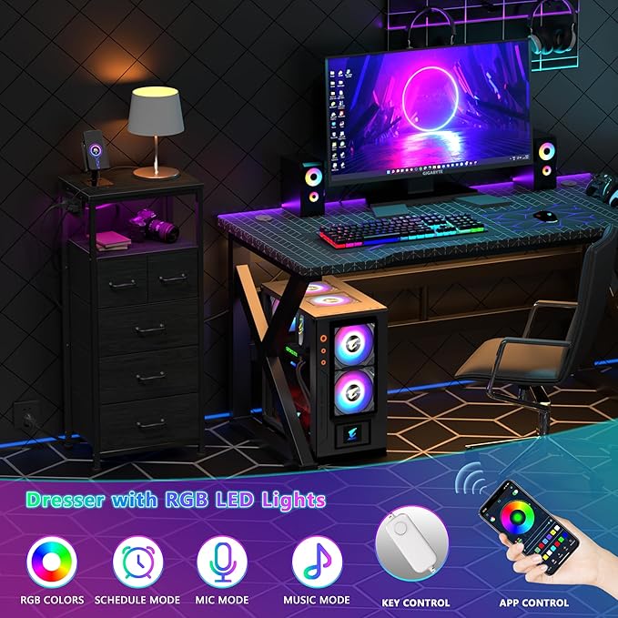 Furnulem Dresser for Bedroom, Tall Nightstand, Vertical Chest with Wood Top, Charging Station, LED Lights, 5 Fabric Bins, Bedside Table with Shelf, Furniture for Entryway (5 Drawer, Black Oak)