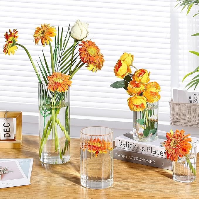16 Pack Ribbed Glass Cylinder Vases 5.5, 6 Inch Tall Clear Flower Vase Hurricane Floating Candle Holder for Table Centerpiece Wedding Home Decor