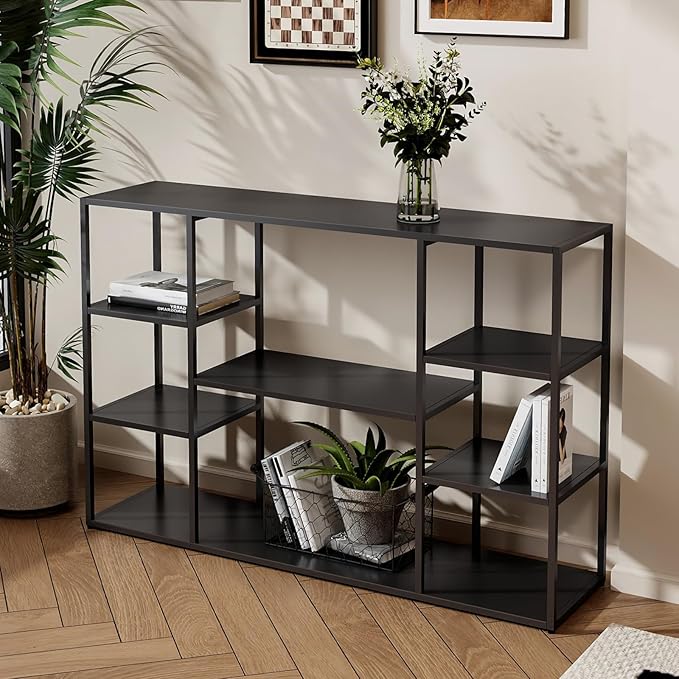 47 Inch Metal Console Table with 8 Storage Shelves,Extra Long Entryway Table,Narrow Sofa Table,Hallway Table for Entrances to Corridor,Foyer,Living Room (Black, 47.24×11.81×31.5in)