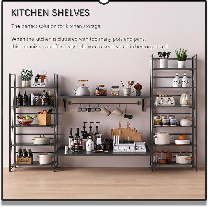 4NM No Assembly Folding Bookshelf, 6-Shelf 74" H Collapsible Foldable Bookcase Storage for Small Spaces, All Black