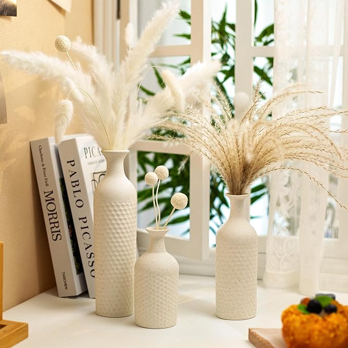 Small White Vases for Home Decor, Decorative Ceramic Vase Set, Matte Finish Honeycomb Texture, Modern Farmhouse Vases for Coffee Table, Bookshelf, Kitchen, Bathroom, Office Desk Decor