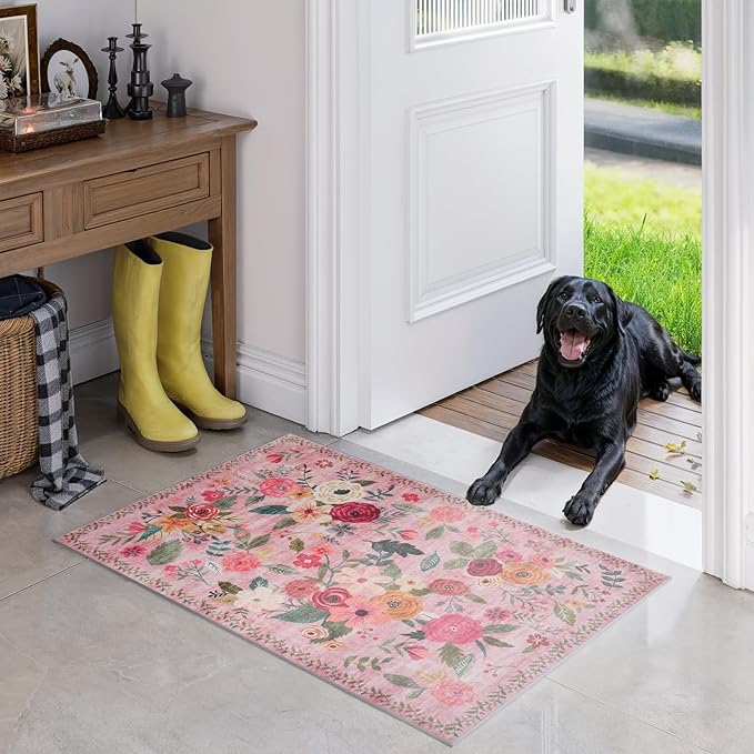 Pink Floral Rug for Entryway 2x3, Washable Kitchen Mat Ultra-Thin Soft, Non-Slip Indoor Door Carpet Stain Resistant Boho Small Low-Pile Throw for Bathroom Bedroom (2 x 3, Pink Lawn)