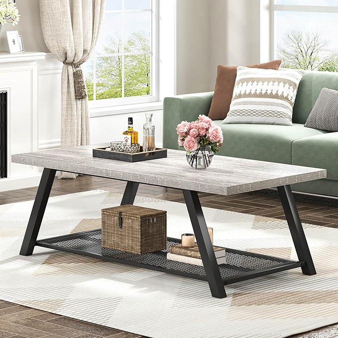 FOLUBAN Industrial Coffee Table, Rustic Wood and Metal Center Table with Storage, Modern Rectangle Cocktail Tea Table for Living Room Office, Light Grey, 47 Inch