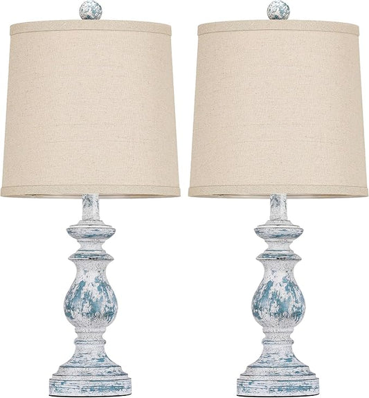 PARTPHONER Traditional Table Lamp Set of 2, Rustic Farmhouse Table Lamps for Living Room Bedroom, 22" Bedside Desk Lamps Vintage Nightstand Lamps with Linen Shades, Washed Blue