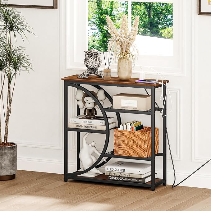 Snughome Entryway Table, Console Table with Charging Station, Industrial Narrow Sofa Table with 5 Tier Storage Shelves, Entrance Table for Hallway, Behind The Couch, Living Room, Foyer