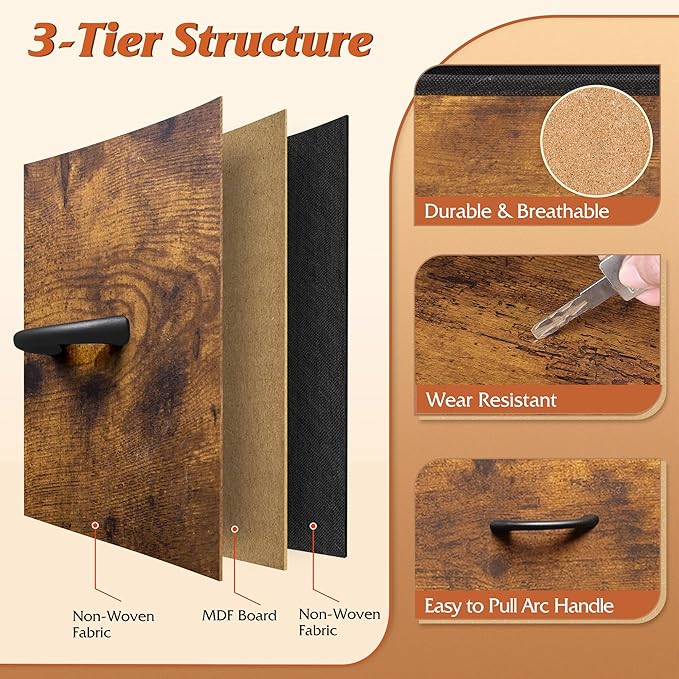 WLIVE Dresser with Hanging Rack for Bedroom, 3 Drawer Dresser with LED Lights & Charging Station, Fabric Dressers & Chest of Drawers, Storage Organizer with Open Shelves for Living Room, Brown