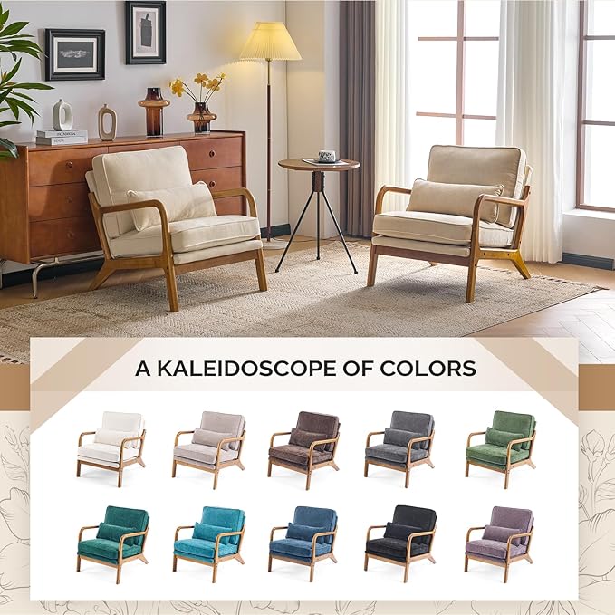 VINGLI Chenille Mid-Century Modern Accent Chair Set of 2, Cute Reading Arm Chair with Cushion & Lumbar Pillow & Solid Wood Frame for Lounge, Living Room, Reading Room, Bedroom,Cream