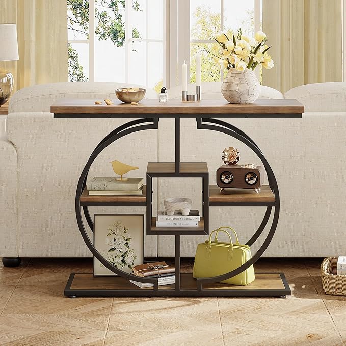 GiftGo Narrow Console Table for Entryway Industrial 4-Tier Sofa Table Behind Couch with Circle Base Rustic Wooden Accent Tables with Storage Shelves for Living Room, Hallway, Foyer (Brown)
