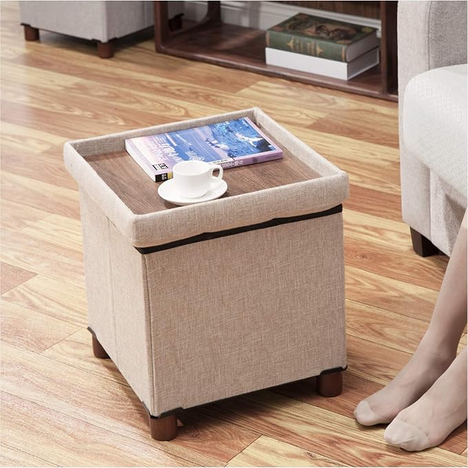 15 Inch Storage Ottoman with Wooden Legs - Cube Foot Rest Stool, Square Footstool, Comfortable Seat with Lid, Foldable Fabric Ottoman, Space-Saving Beige