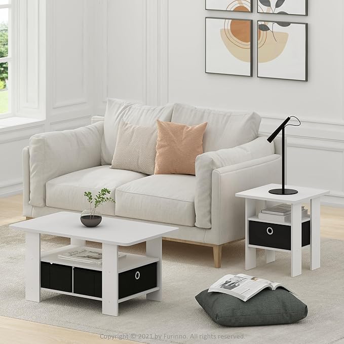 Furinno Andrey Coffee Table, Small Modern Coffee Table with Storage and Bin Drawer, Side Table for Living Room, Bedroom, Home Office, White