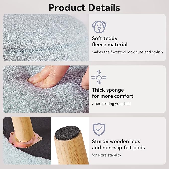 IBUYKE 13 Inch Foot Stool Ottoman with Storage, Round Small Foot Rest with Padded Seat and Wood Legs, Teddy Velvet Mini Footstool for Living Room Couch Bedroom Entryway, Gray-Blue WBD006H