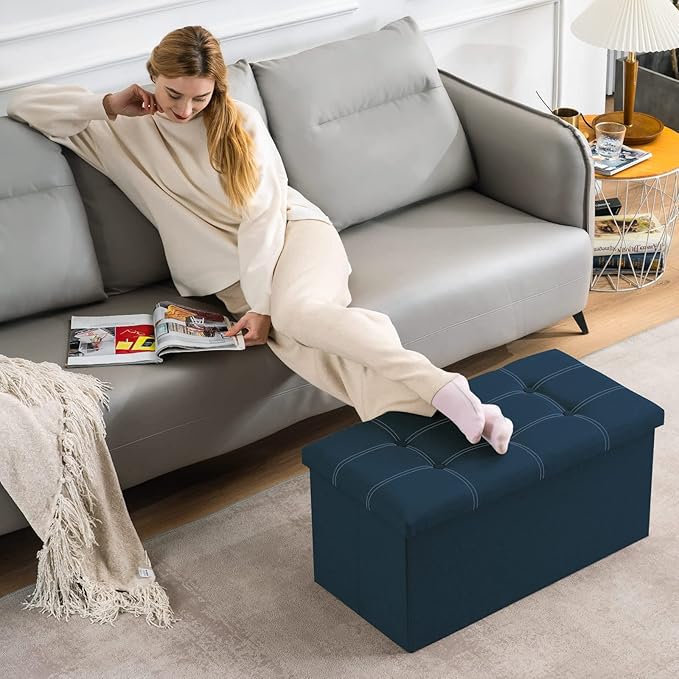 YOUDENOVA 30 Inches Folding Ottoman with Storage, Footrest Seat Support 350lbs, Bench for Living Room Bedroom, Linen Fabric Blue