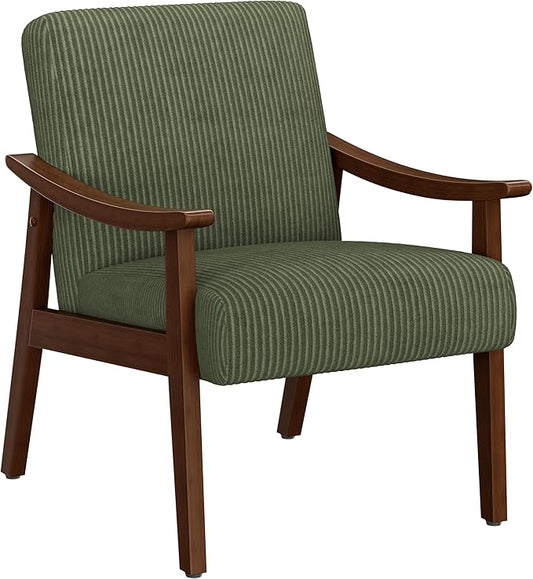 Yaheetech Corduroy Accent Chair, Mid-Century Modern Armchair with Solid Wood Legs, Reading Leisure Chair with High Back for Living Room Bedroom Waiting Room Dark Green