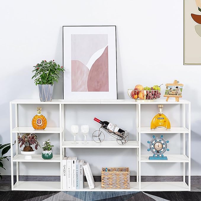 63 Inch Metal Console Table with 8 Storage Shelves,Extra Long Entryway Table,Narrow Sofa Table,Hallway Table for Entrances to Corridor, Foyer,Living Room (White, 62.99×11.81×31.5)