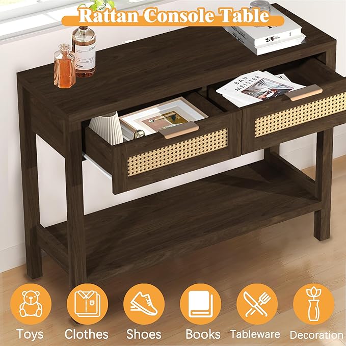 Rattan Console Table for Entryway, Boho Narrow Sofa Tables with Storage Shelf and 2 Drawers for Behind Couch Living Room, Hallway, Entrance, Brown Wood