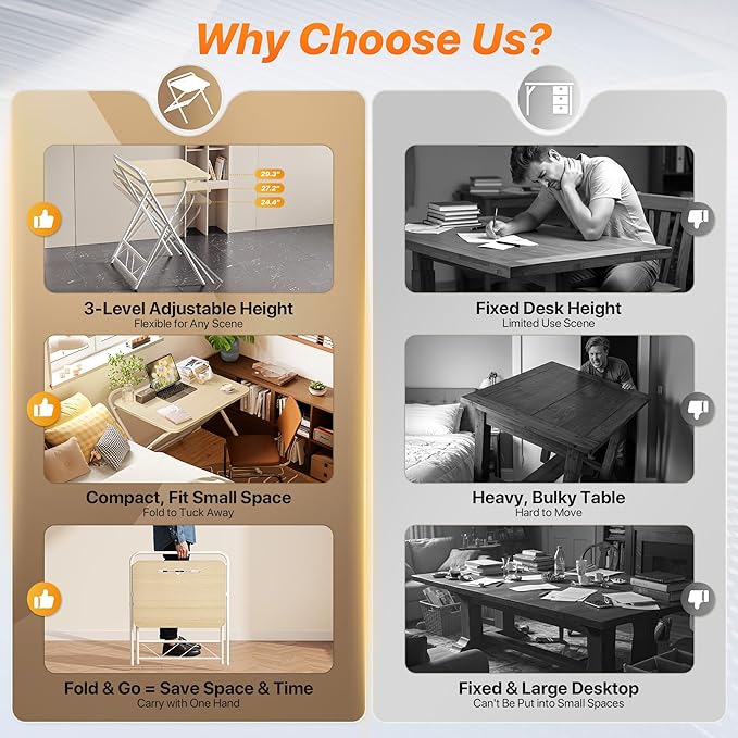 Huuger Folding Desk with 3-Level Adjustable Height and Tablet Slot, 24 Inch Foldable Computer Desk for Small Spaces, Space Saving, Writing Work Table for Home Office, Bedroom, Study, Oak