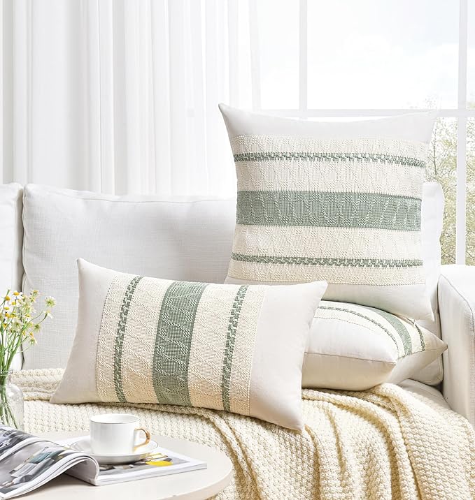 Fancy Homi Set of 2 Sage Green Boho Lumbar Decorative Throw Pillow Covers 14x24 Inch for Living Room Bedroom Couch Bed Sofa, Rustic Retro Cushion Case, Bohemian Room Home Decor