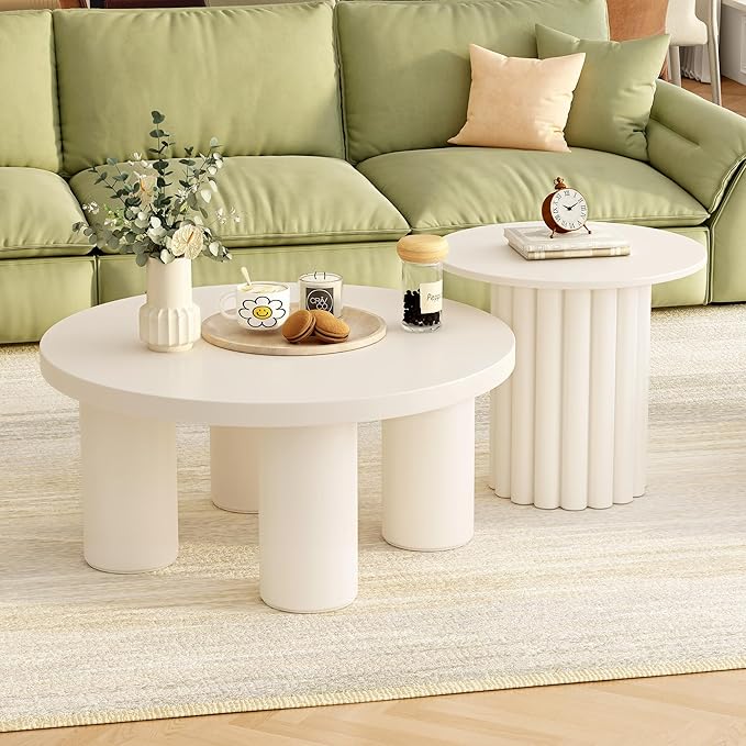 Modern Coffee Table Set of 2, Round Center Table with Roman Column Legs,Space-Saving Stackable Design,Matching End Tables for Living Room, Industrial & Functional, Easy Assembly,White