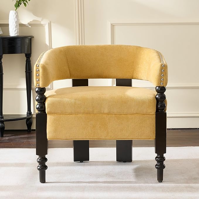 LOULENS Barrel Accent Chair, Vintage Chenille Upholstered Lounge Chair with Solid Wood Legs, Comfy Leisure Side Armchair for Living Room, Bedroom, Reading Nook, Corner, Yellow