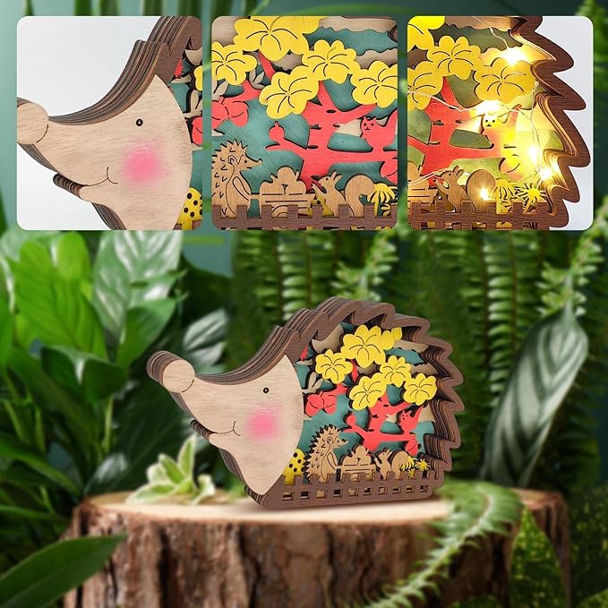 3D Wooden Carving Animals Lamp - Creative Fox Squirrel Wood Carved LED Night Light Garden Yard Wooden Animals Sculpture Ornaments Desktop Home Decor Birthday Gifts for Family Friend (Hedgehog)