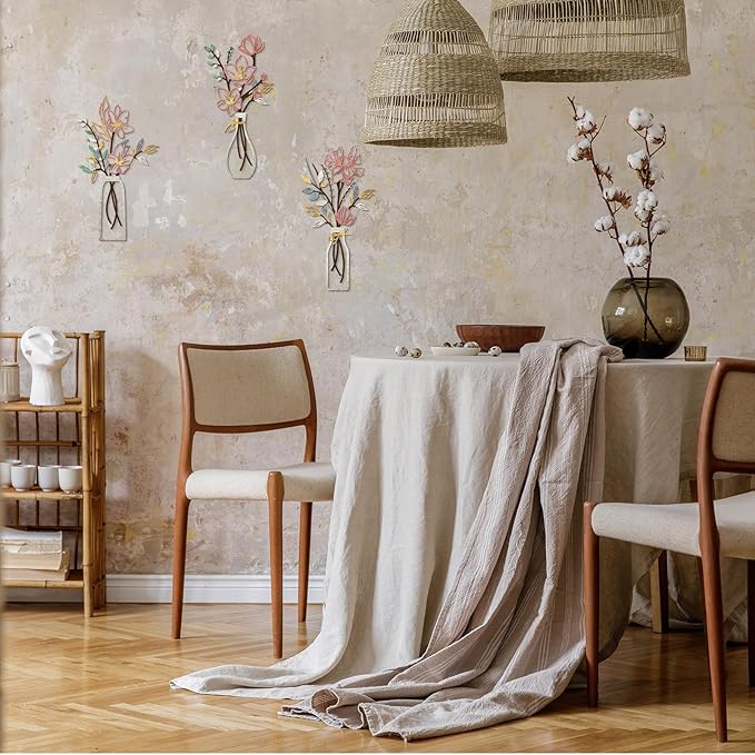 ARTINME 3 Pieces Metal Flowers Wall Arts - Pink and Beige Rustic Farmhouse Decor Minimalist Flower Wall Decors for Living room Bathroom Kitchen Bedroom Dining Room - Housewarming Gifts