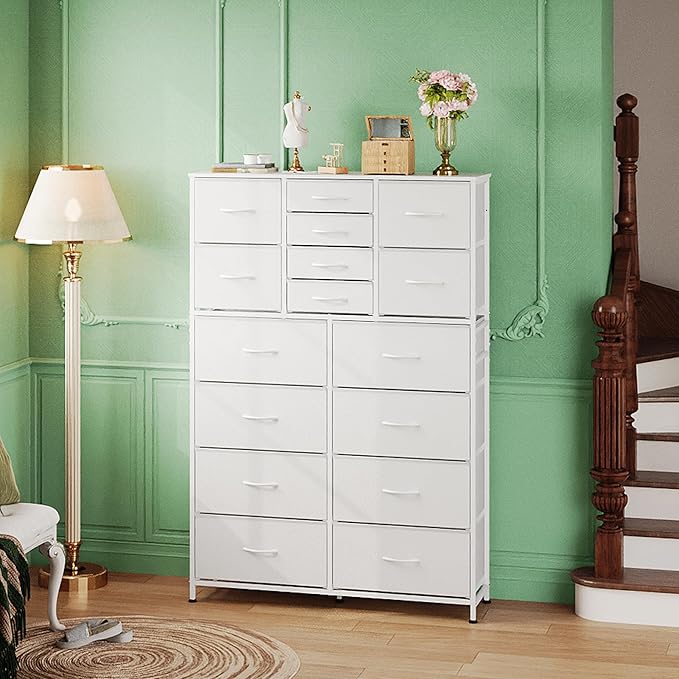 Tall Console Table with 16 Fabric Drawers, Entryway Table with Storage, Large Storage Organizer with Wood Top, Steel Frame for Living Room, Hallway, Office, White