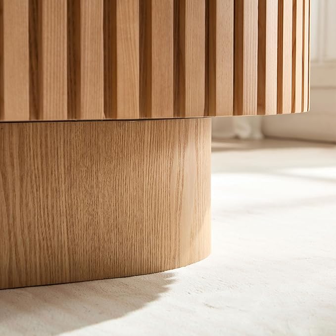 43.7'' Round Coffee Table for Living Room, Oval Coffee Table Modern Handcraft Drum Coffee Table Center Table Wood Small Coffee Table Side Table End Table with Sturdy Pedestal for Apartment,Natural Ash