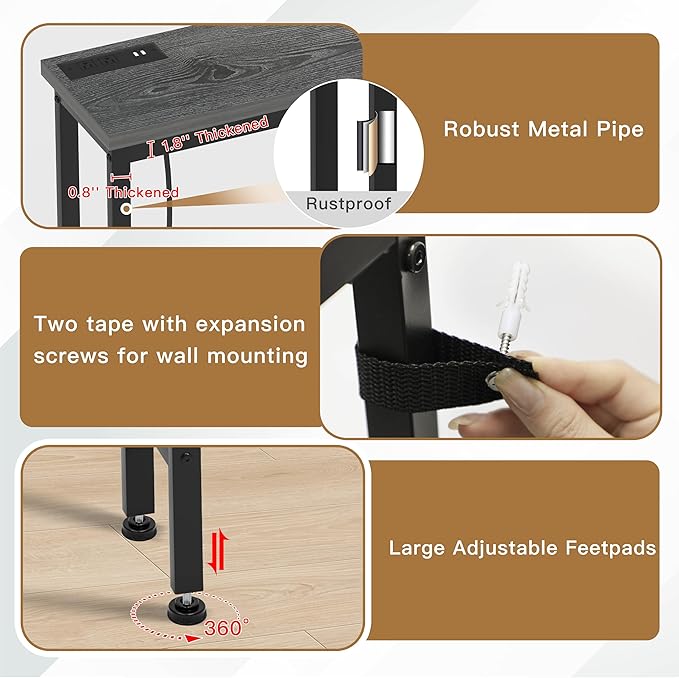35'' High Behind Couch Table, Narrow Console Table with Outlet, Sofa Table for Entryway Hallway, Living Room, Black, Grey