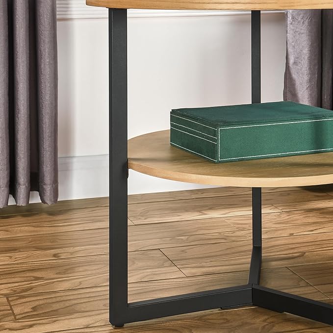 Round End Table with Storage Shelf, 25in Circel Accent Side Table with Metal Legs, 2-Tier Industrial Sofa Side Table for Living Room Bedroom, Oak