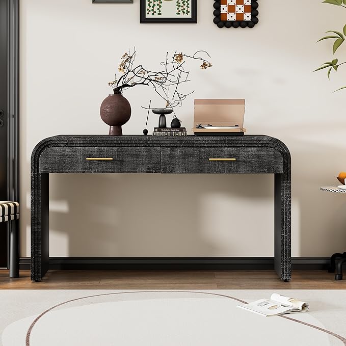 Console Table with 2 Drawers, Black Unique Retro Silhouette Entryway Table Narrow Wood Sofa Table with Storage for Entryway, Hallway, Living Room, Dinning Room, Foyer, Corridor