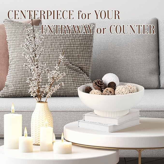 Large Resin Pedestal Decorative Bowl - Modern Handicraft Bowls for Home Decor - Fruit Bowl for Kitchen Counter - Key Bowl for Entryway Table,Artificial Stone White