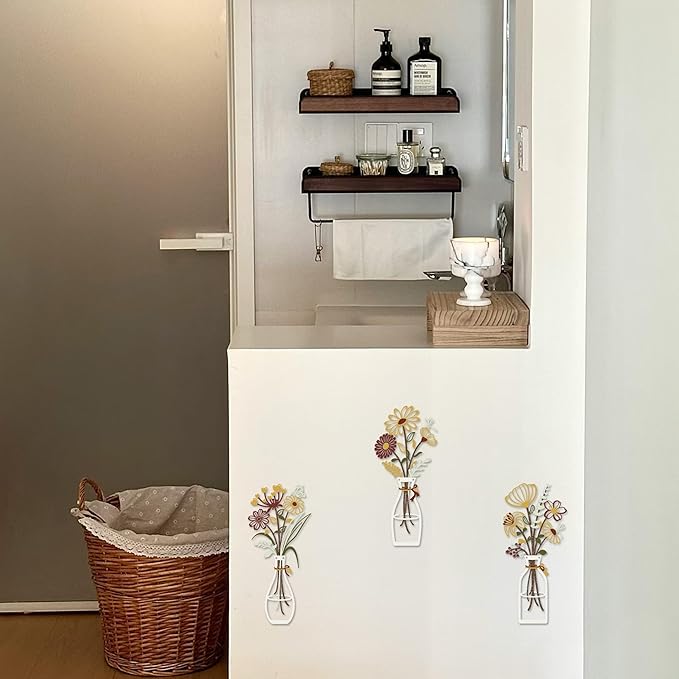 Iron Metal Vase Flower Wall Art Set of 3 - Minimalist Black Floral Decor for Living Room Bedroom Kitchen, Office Garden - Modern Farmhouse Home Decor & Housewarming Gifts (Yellow-Brown)