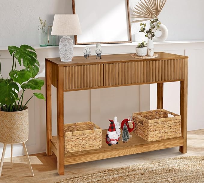 Long Console Table with Storage, Fluted Entryway Slim Sofa Table Behind Couch Entry Tables, Narrow Wood Hallway Modern Living Room Couch Foyer Entrance Tables Brown