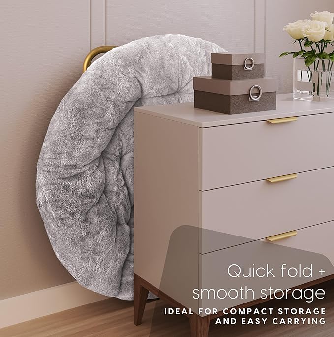 Milliard Saucer Chair for Adults, Teens & Kids, Light Grey, Faux Fur XL Circle Chair for Bedroom, Dorm & Gaming, Foldable Comfy Accent Seat for Small Spaces, Folding Moon/Mushroom/Round Style