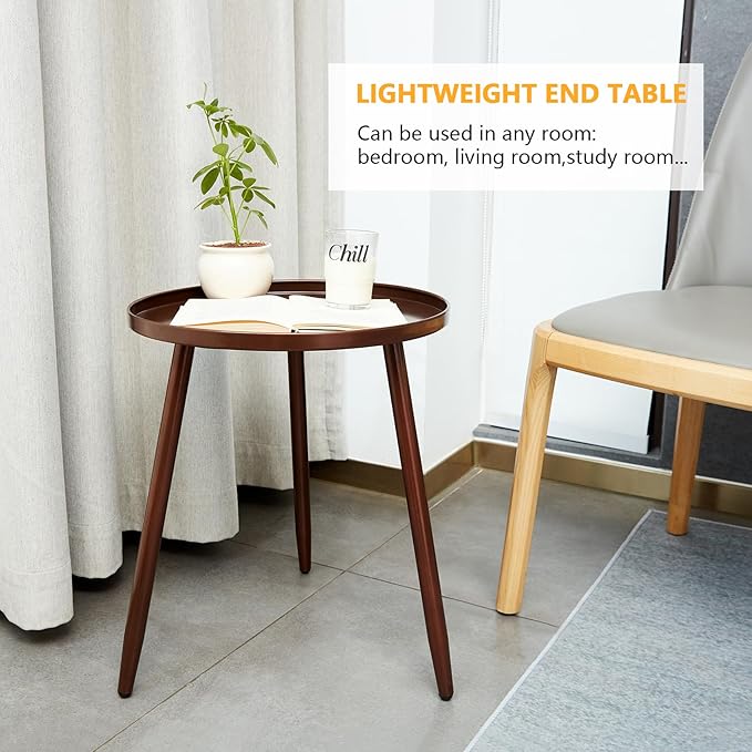 End/Side Tables - Small Round Accent Table, Metal Bronze Narrow Night Stands with 3 Legs, Ideal for Any Room-Side Tables Living Room, Bedroom, Plant Stand Balcony, Indoor & Outdoor