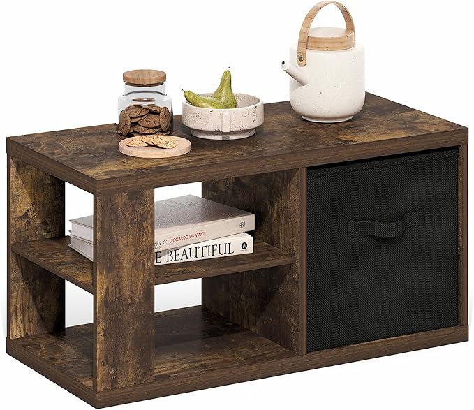 Furinno Viola Coffee Table, 3-Tier Modern Coffee Table with 1.2" Thick Tabletop, Side Table with Open Shelf and Storage Bin, for Living Room, Bedroom, Home Office, Amber Pine