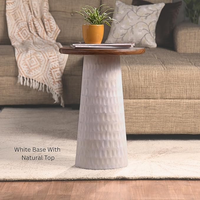 Mid-Century Farmhouse Design Hand-Carved Pedestial Solid Mango Wood Accent Drink Table, Small Round Side Table with Round Natural Top for Living Room, Bedroom or Entryway, White, Assembled