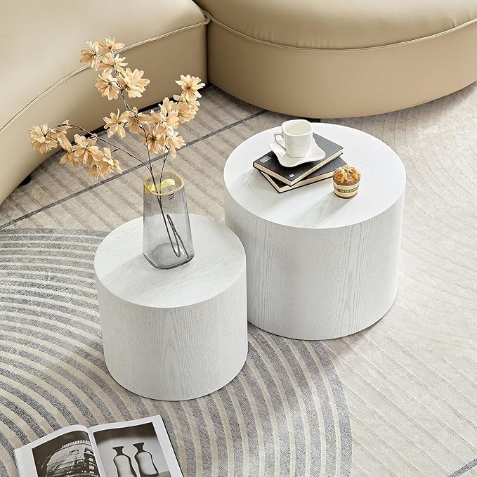 KEVINSPACE Coffee Table Set of 2, 18.9" Modern Round Coffee Tables White Nesting Coffee Table Circle Side Table for Small SpaceAccent End Table Set No Assembling White Wood Grain