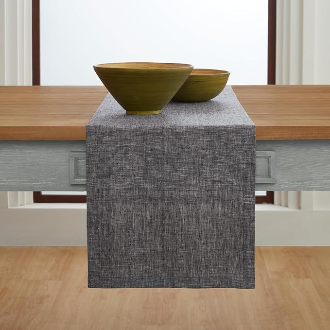 Solino Home Linen Small Table Runner 48 Inches - Athena, 100% Pure Linen Chambray Black Table Runner 14 x 48 Inch Ideal for Dresser and Coffee Tables - Halloween, Thanksgiving, Holiday