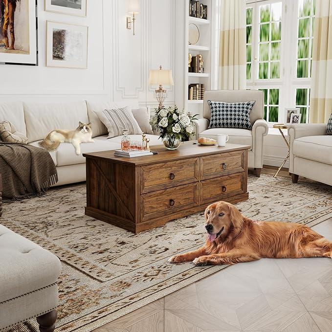 Rustic Coffee Table with Drawers 47 inch Living Room Tables with Storage, Wooden Center Table for Reading Playing Room Home Accent Table for Dining Room Apartment, Walnut