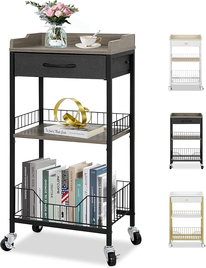 4-Tier Small Side Table with Optional Casters, Narrow End Table with Drawer and Shelves, Tall Nightstand for Dorm, Small Accent Table Stand for Living Room, Bedroom, Bathroom, Black& Grey