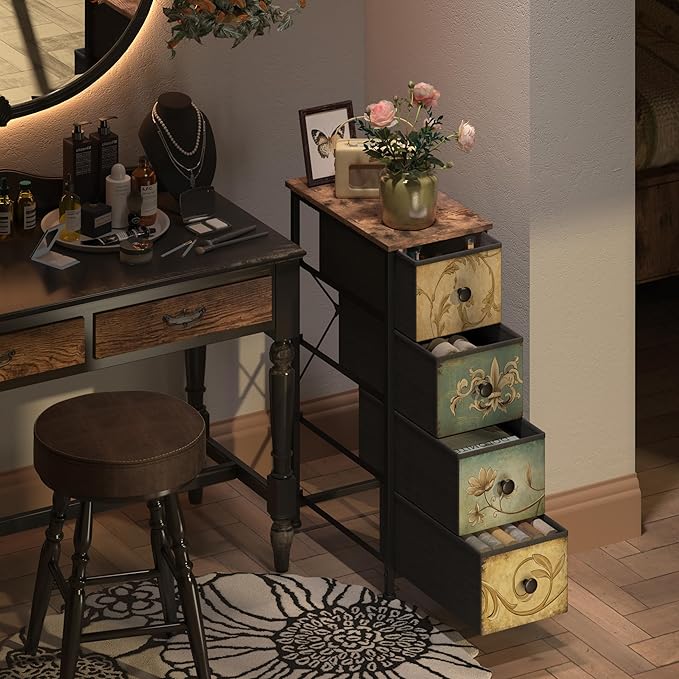 Tohomeor Narrow Storage Dresser Slim Dresser with Retro Flowers Fabric Drawers Vertical Skinny Cabinet for Small Spaces,Bathroom,Bedroom Closet Nightstand,Entryway Organizer (Retro Flower, 4 Drawers)