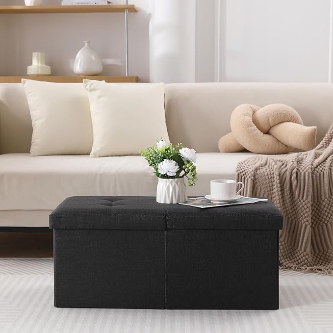 CUYOCA Storage Ottoman Bench Foldable Seat Footrest Shoe Bench End of Bed Storage with Flipping Lid, 75L Storage Space, 30 inches Linen Fabric Black